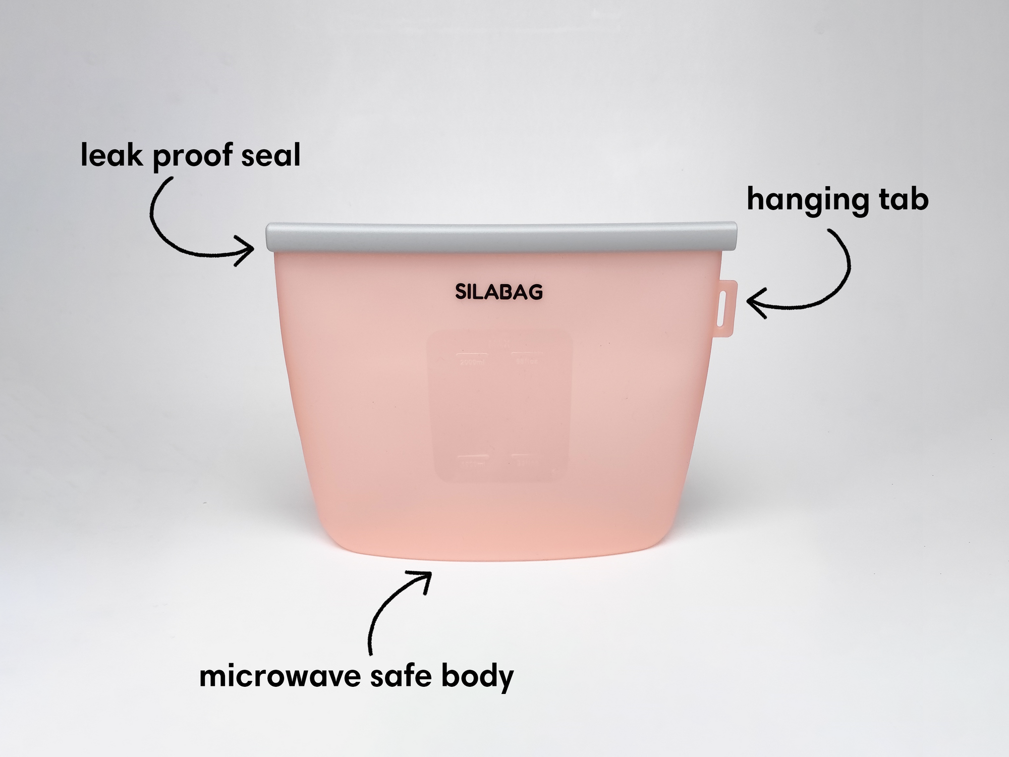Pink silicone bag with labeled features on a white background